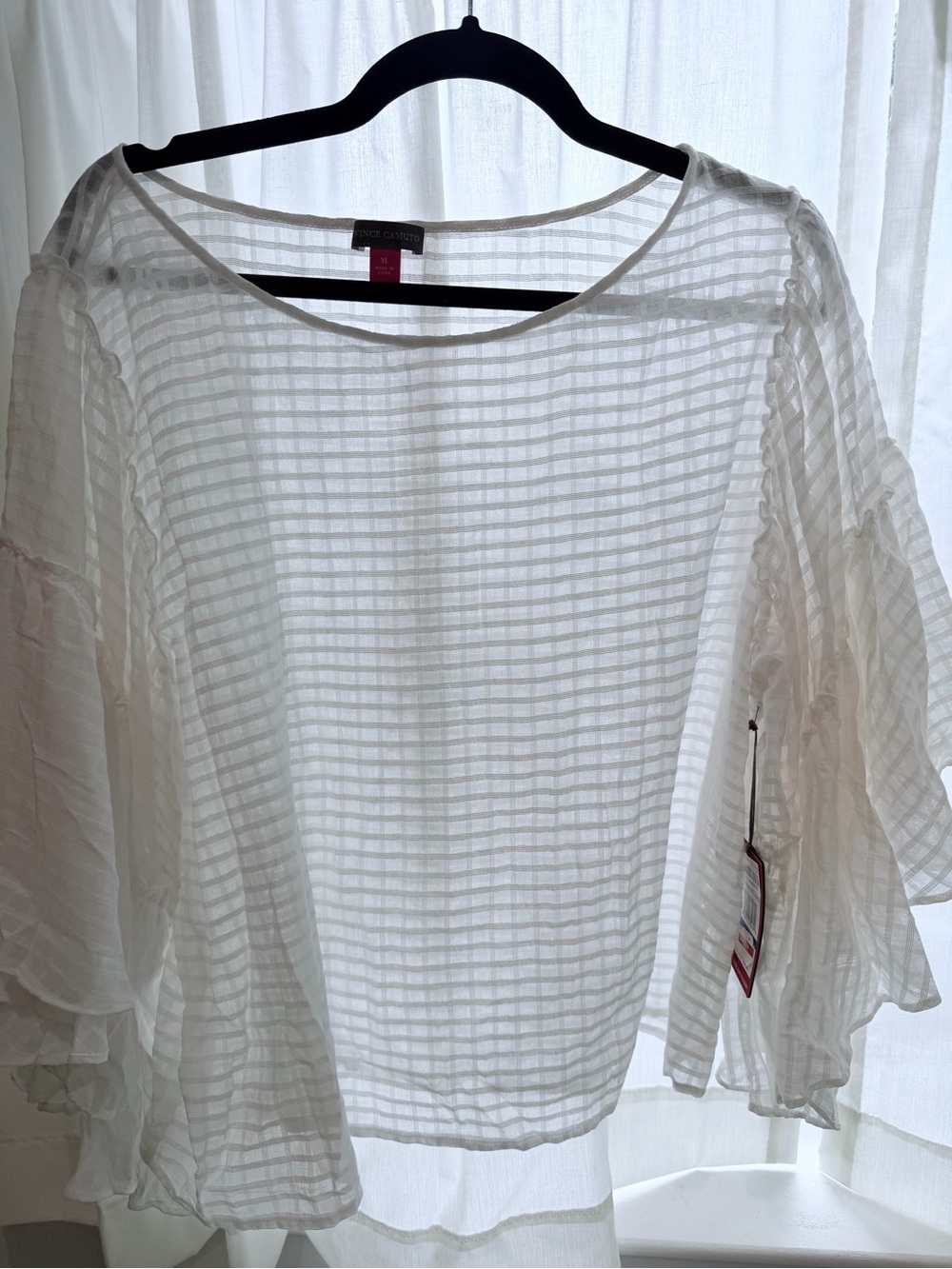 Vince Camuto NWT 100% Cotton White Sheer Check Ruffle Sleeve Top